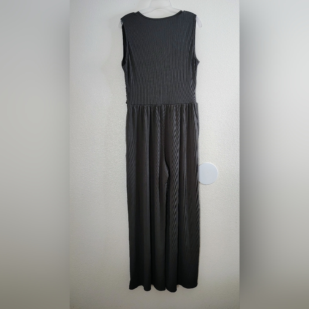 YOZY Gray Ribbed V Neck Wide Leg Jumpsuit Pockets XL Relax Style NWT - Picture 9 of 14